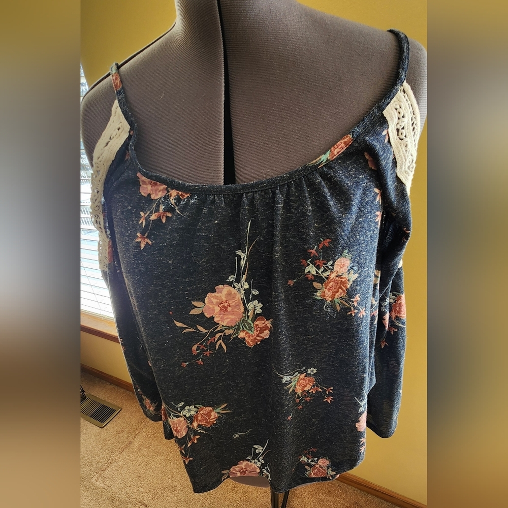 Womens Rewind Red Floral Shirt Size XL off the shoulder with lace accent